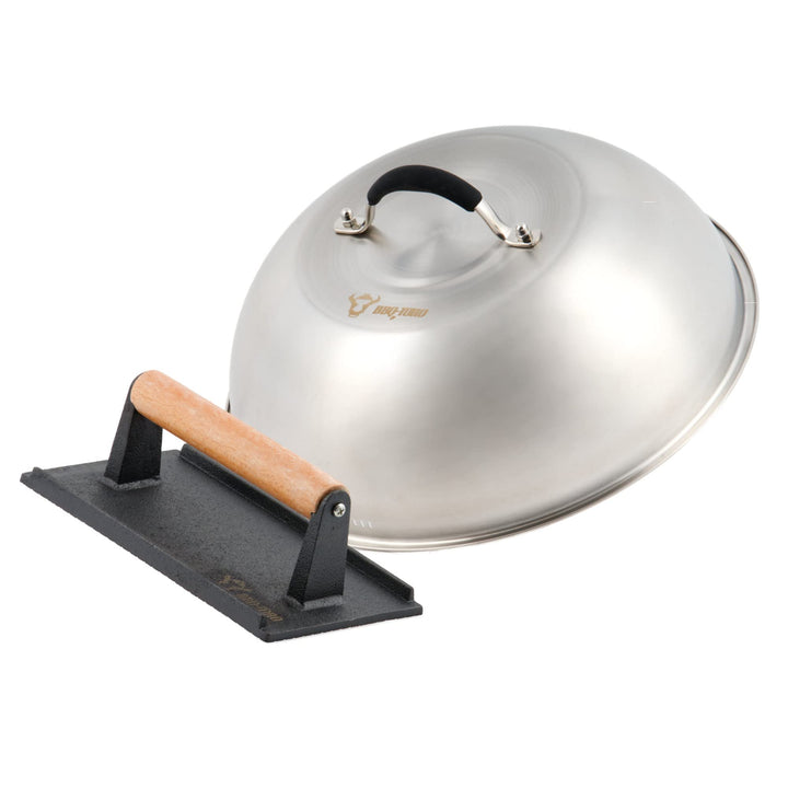 BBQ-Toro Edelstahl Wärmeglocke mit Gusseisen Fleischbeschwerer | Ø 31,5 cm | Burger Glocke mit Fleis
