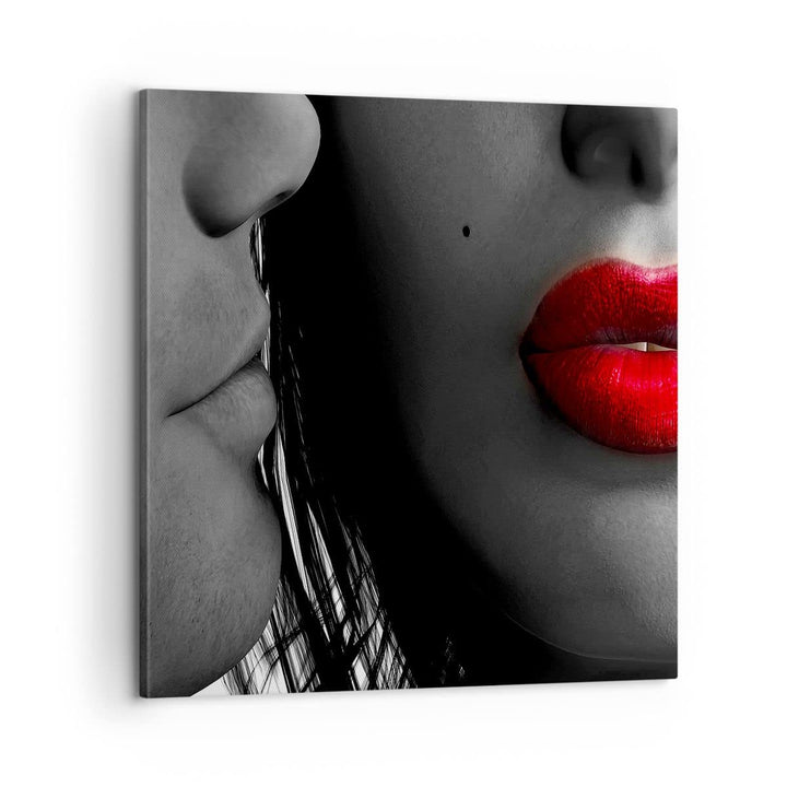 Bilder auf Leinwand Rote Lippen dunkles Haar Modell Liebe Leinwandbild 60x60cm Wandbilder Dekoration