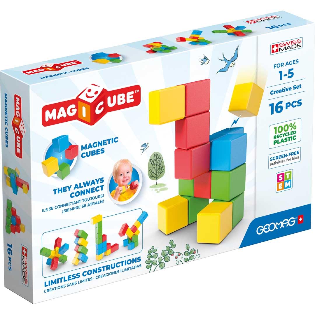 Geomag Magicube Kreative Magnete, 16 Stück Würfel in 4 Farben, ab 1 Jahr, Kleinkind-Bauset für Entwi