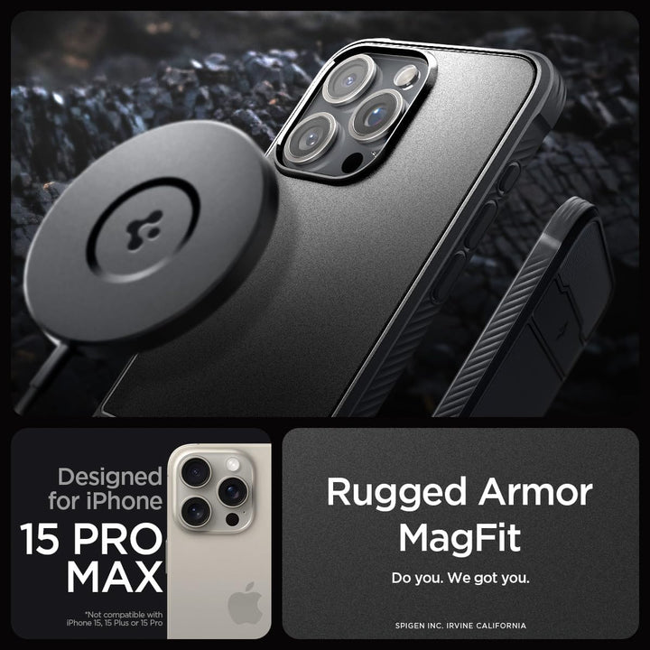 Spigen Rugged Armor MagFit Hülle Kompatibel mit iPhone 15 Pro Max -Matte Black, Matte Black