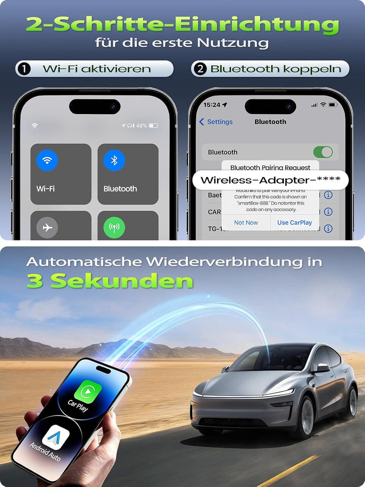 Mini Wireless CarPlay Adapter &amp; Android Auto Adapter, USB-A/C Metall | Für Apple iPhone iOS 10+ &amp; An