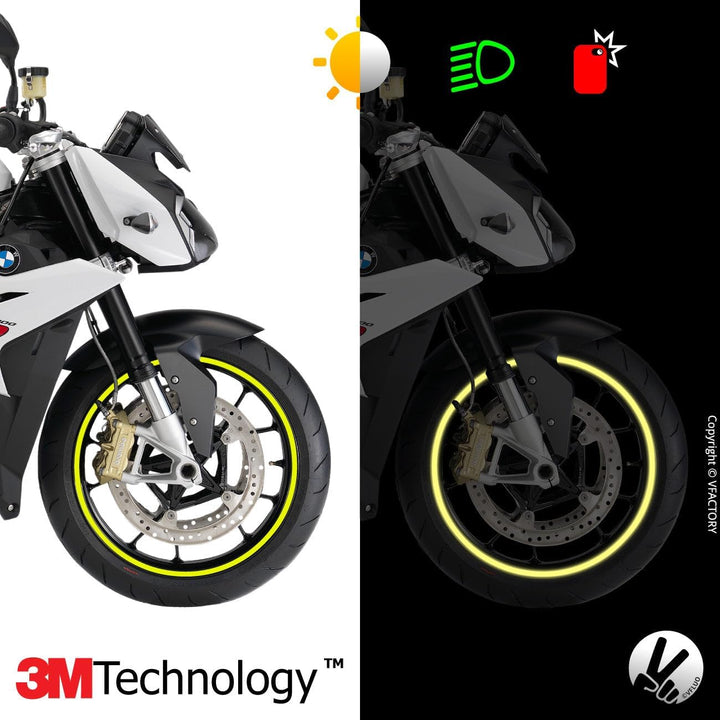 VFLUO - Kit Reflektierende Felgenrandaufkleber Motorrad, Aufkleber für 1 Rad 3M™-Technologie™, 360°-