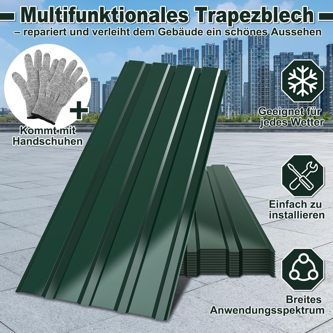 Trapezblech Dachplatten 12 Stück, 115 × 45 cm Dachblech Set aus Stahlblech, ca. 6 m², Wellblech Prof