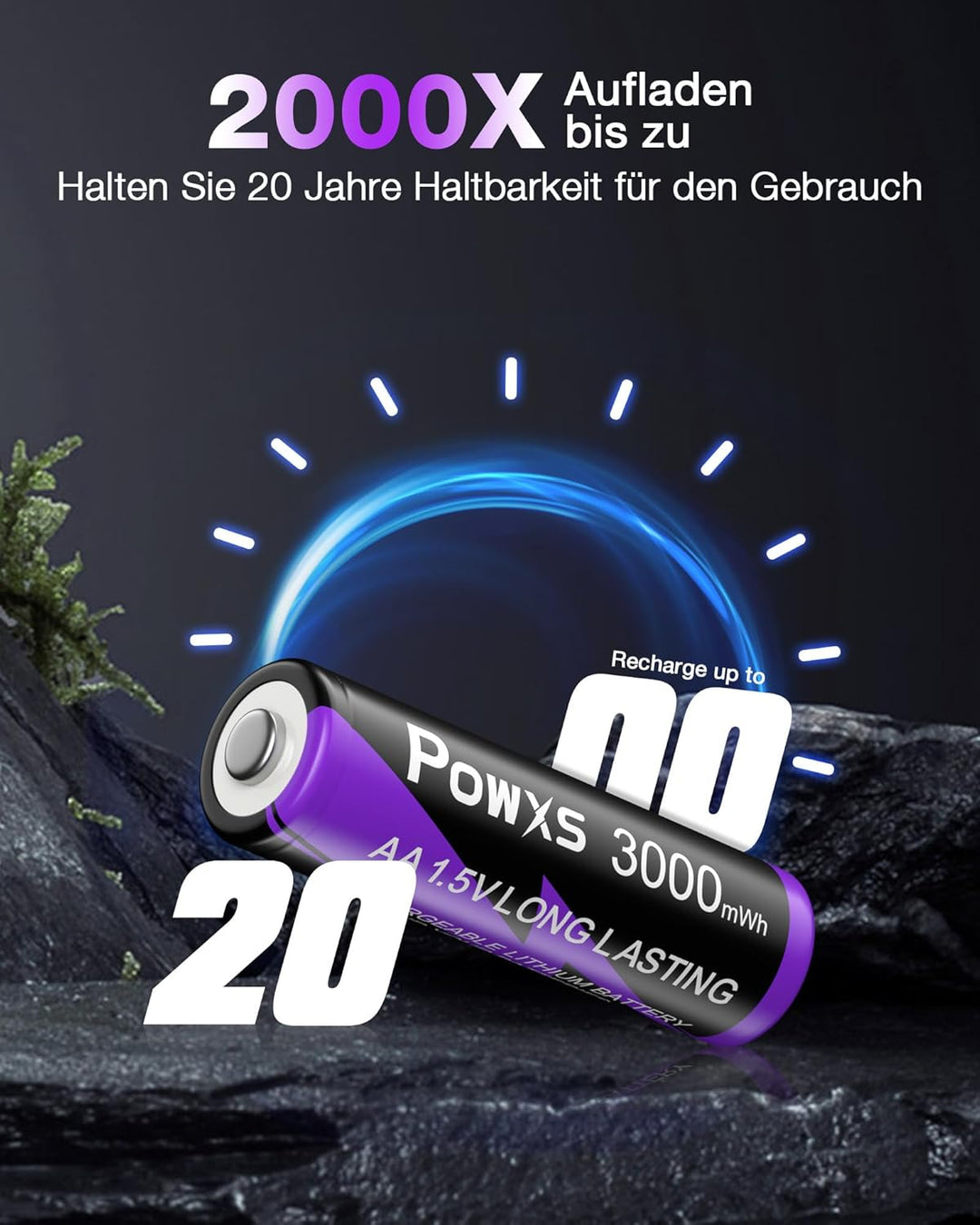 POWXS 1.5V Lithium Akku AA 8-Pack 2000 Zyklen & Stahlgehäuse, 3000mWh,mit USB Schnelladegerät, Kompa