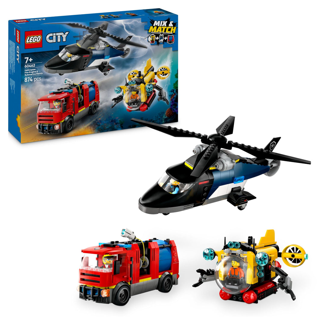 LEGO City Kombinationsset mit Hubschrauber, Löschauto und U-Boot und 3 Minifiguren - Baubare Spielze