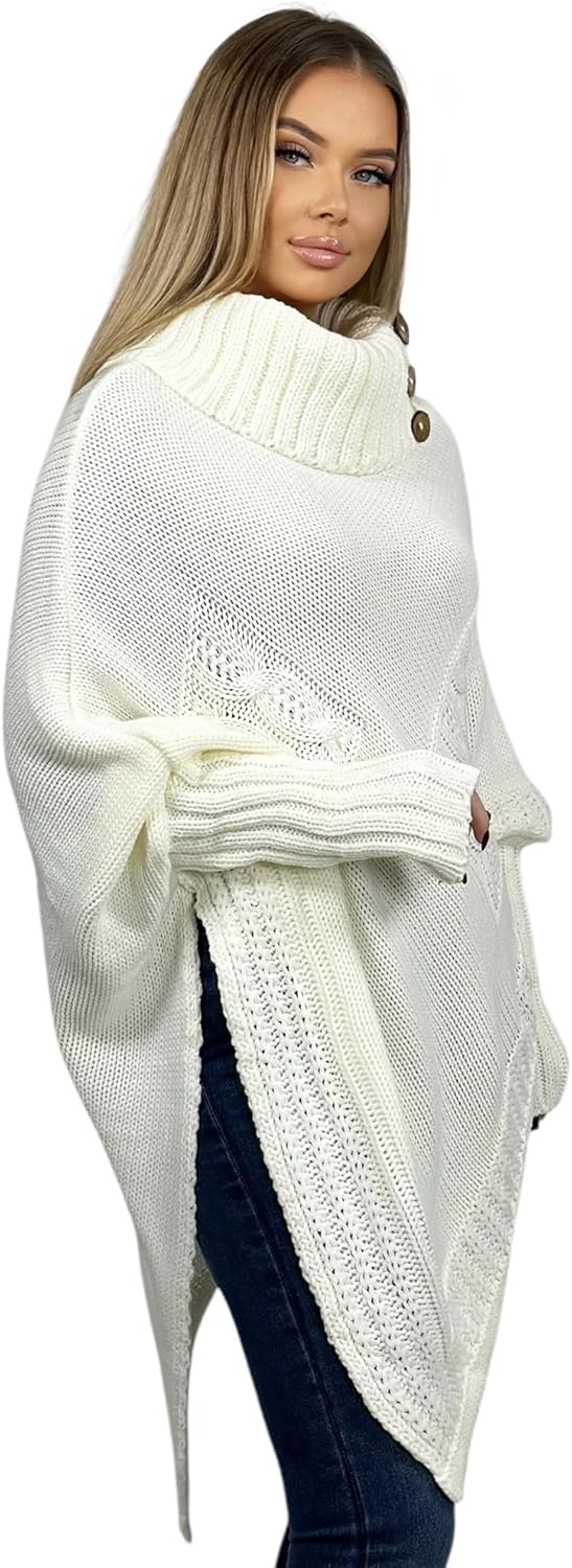 Mississhop Poncho Strick Sweatshirt Pullover Umhang Überwurf Einheitsgrösse Creme, Einheitsgrösse Cr
