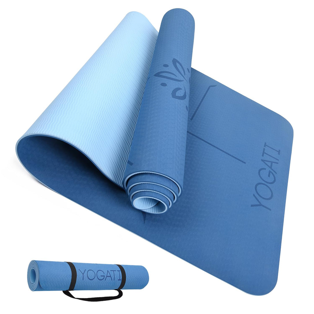 YOGATI Yogamatte rutschfest Schadstofffrei, mit Tragegurt. Yoga Matte mit Ausrichtungslinien. Ideal