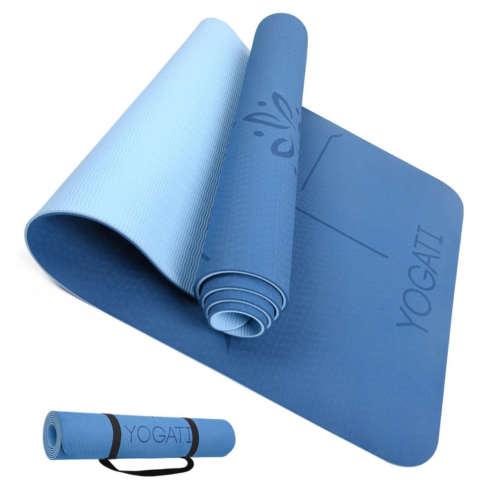 YOGATI Yogamatte rutschfest Schadstofffrei, mit Tragegurt. Yoga Matte mit Ausrichtungslinien. Ideal