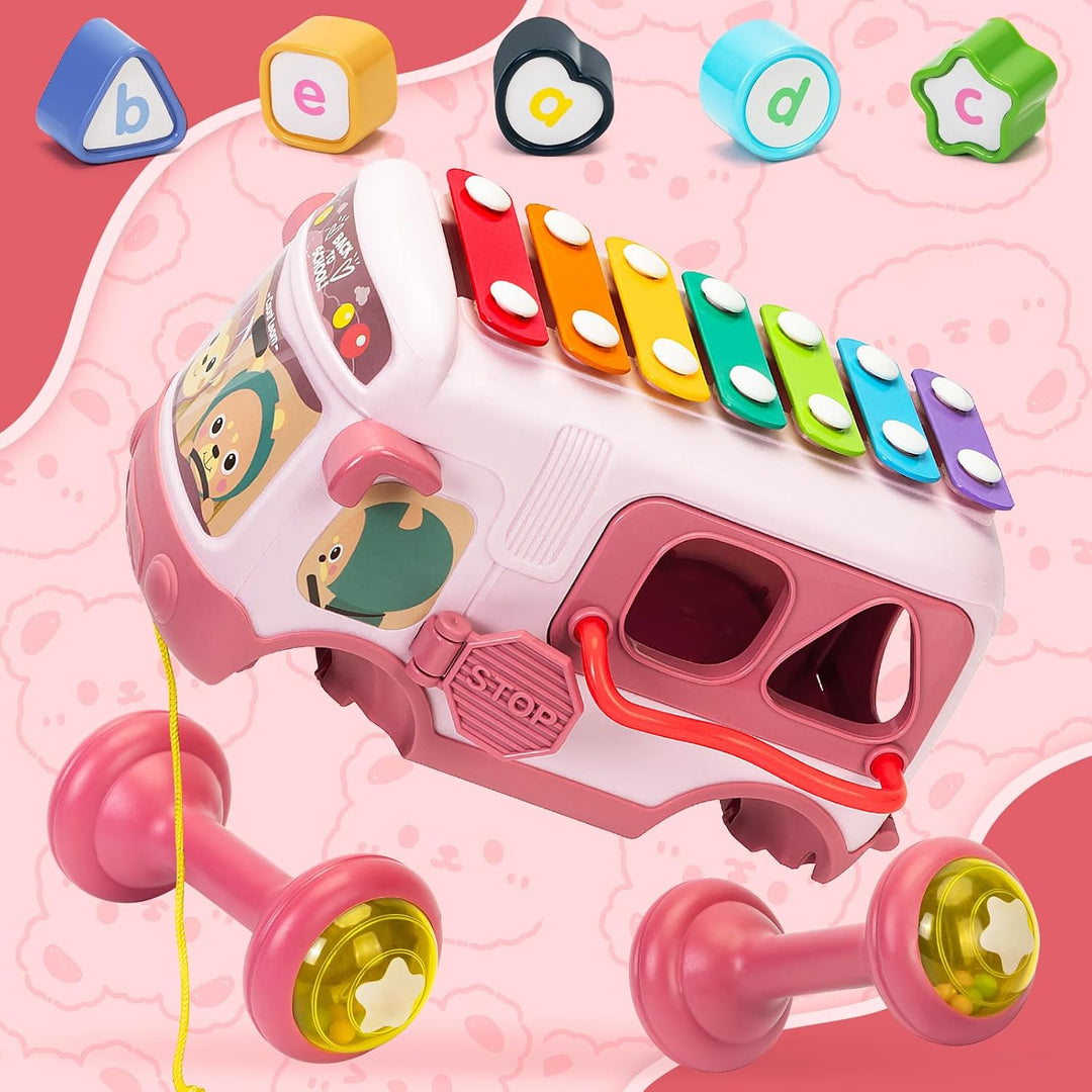 Spielzeug Geschenk ab 1 Jahr Mädchen, Musikalischer Bus mit Xylophon Motorikwürfel Rassel Rad, Baby