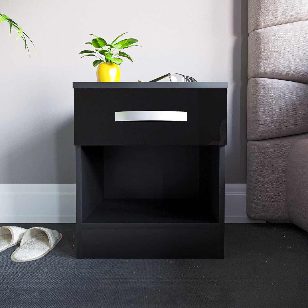 Vida Designs Hochglanz Nachttische, Nachttisch Beistelltisch (Schwarz, 1 Schublade) 1 Drawer Schwarz