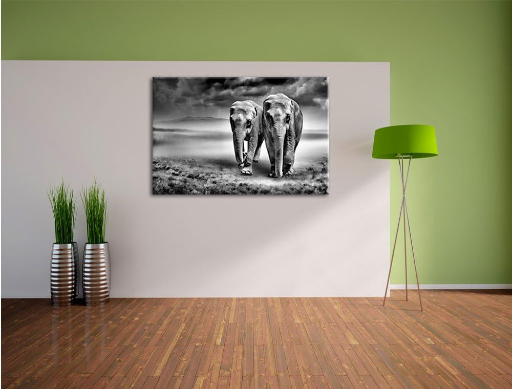 Pixxprint Elefanten in Steppe als Leinwandbild/Grösse: 100x70 / Wandbild/Kunstdruck/fertig bespannt,