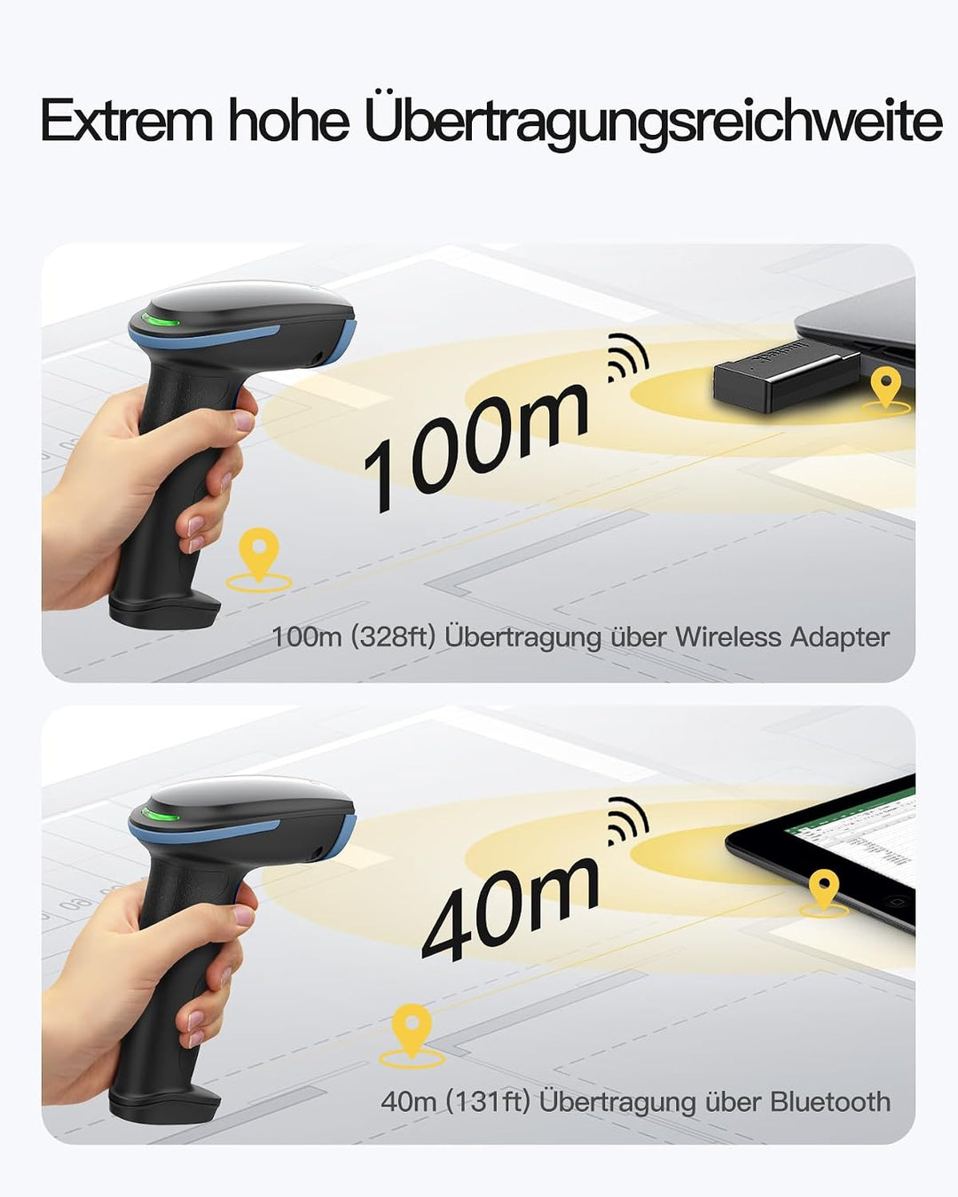 Inateck Barcode Scanner Kabellos, 1D 2D QR Code Scanner, BCST-23 Blau | 3-in-1 mit Bluetooth, 2,4 GH