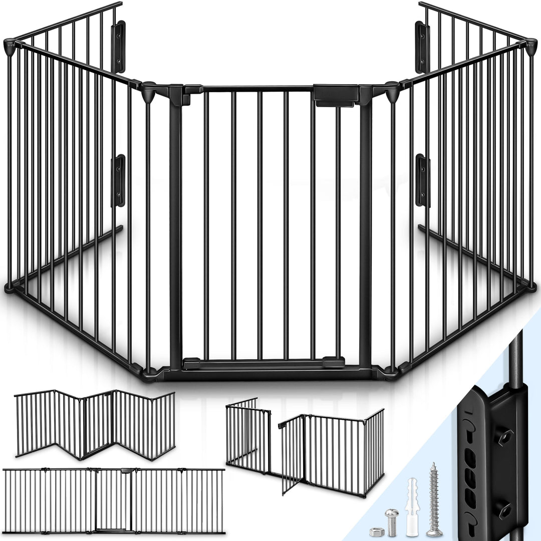 KIDUKU® Kaminschutzgitter mit Tür Metall 420 cm | Absperrgitter Ofenschutzgitter faltbar | Konfigura