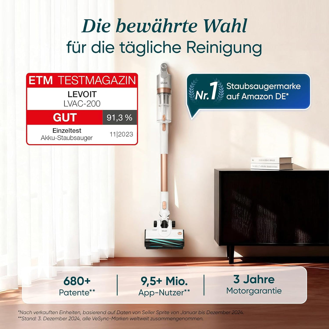 Levoit Akku Staubsauger mit Anti-Haar-Verwicklung, max 50Min Laufzeit, Akkustaubsauger mit 99,9 Proz