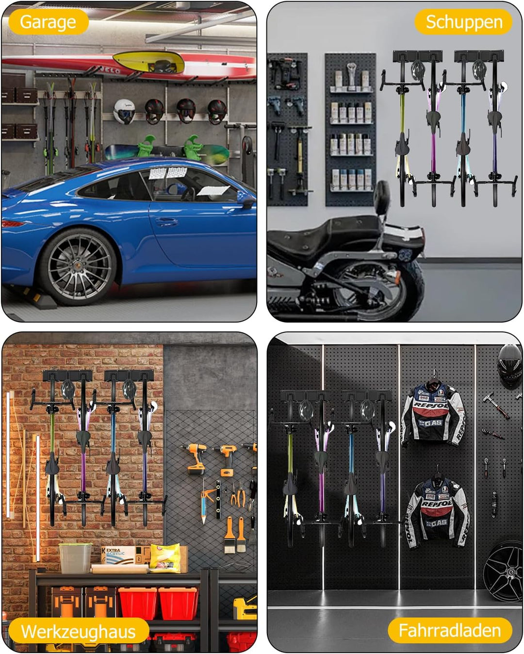 Fahrrad Wandhalterung für 4 Fahrräder + 2 Helme,Bike Storage Wandhalterung bis zu 300 Pfund, Robust