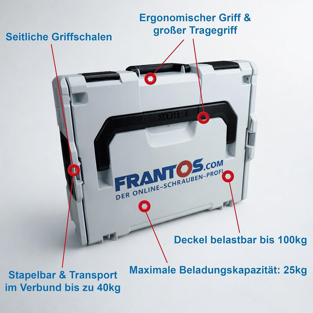 FRANTOS L-BOXX Muttern und Scheiben Set in Edelstahl A4-6.590 tlg., Sechskantmuttern Schraubenmutter