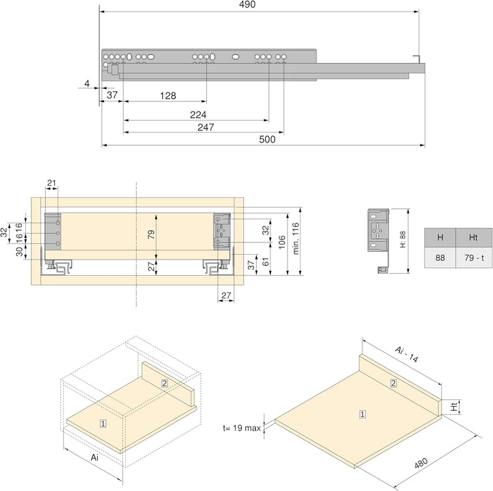 Emuca - Aussenschublade Simplex 25kg Höhe 88mm, Tiefe 490mm, Stahl, Anthrazitgrau L 490mm H 88mm Ant