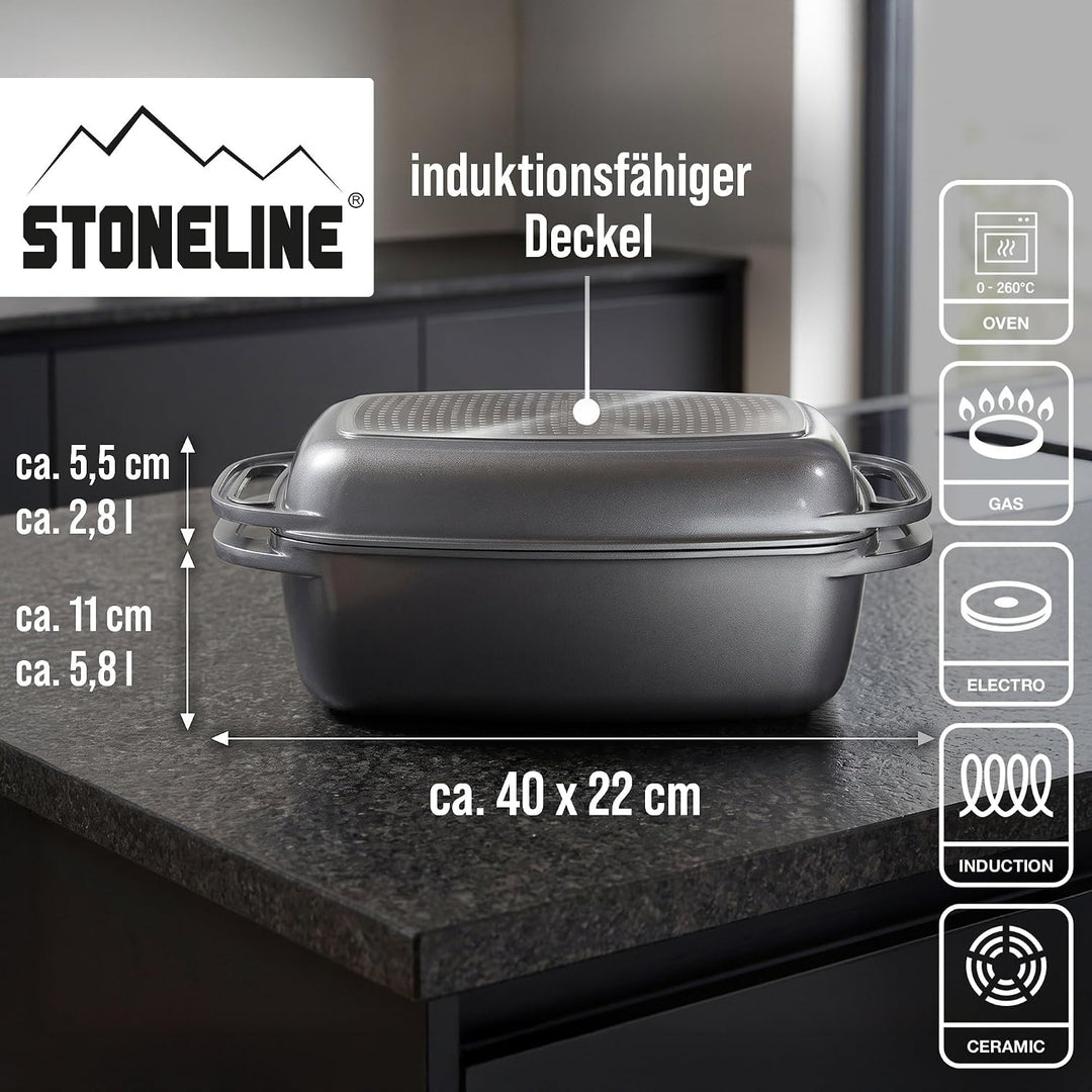 STONELINE Bräter Induktion 40 x 22 cm, 5,6 L, backofengeeignet, Deckel als Auflaufform verwendbar, A