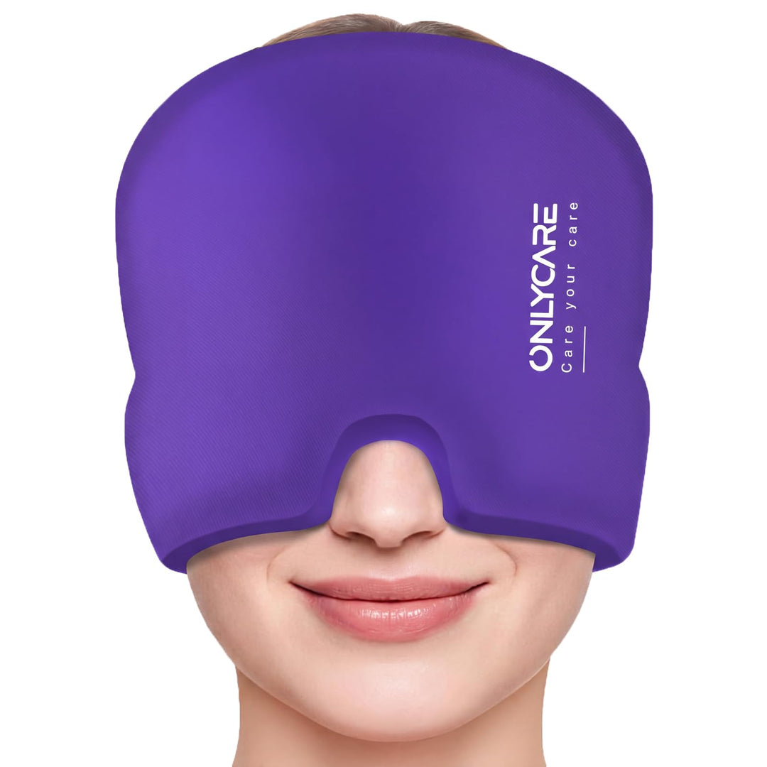 ONLYCARE Migräne Maske, Upgraded Kühlmaske Schlafmaske Kühlmütze Kühlhaube 360° Gel Surround kühlpad