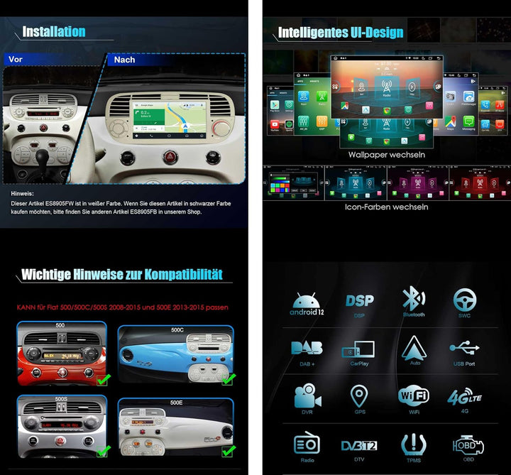 Erisin 7 Zoll 8-Kern 4GB RAM+64GB ROM Android 12 Autoradio mit GPS Navigation für FIAT 500 500C 500S