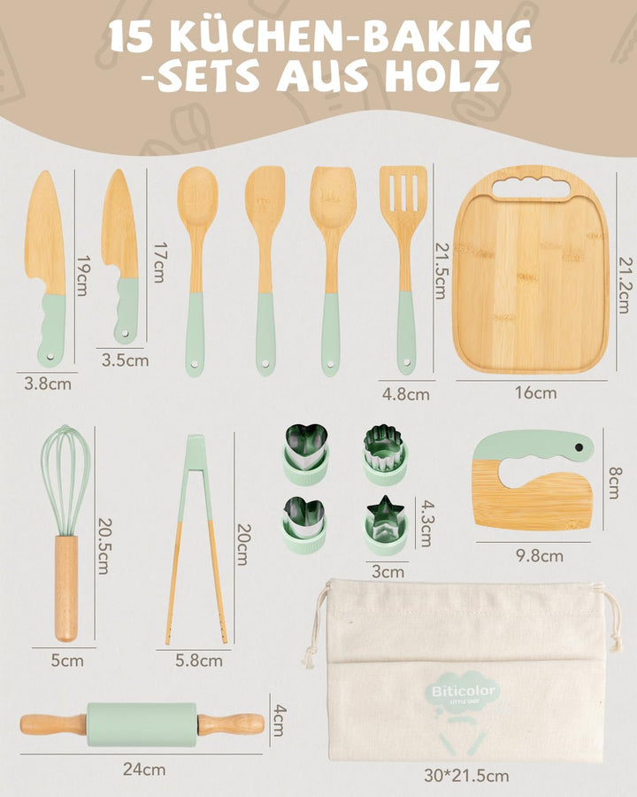 Kindermesser Set – 15-teilig mit sicherem Kiddikutter, Holzmesser Schneidebrett – Montessori Küchens