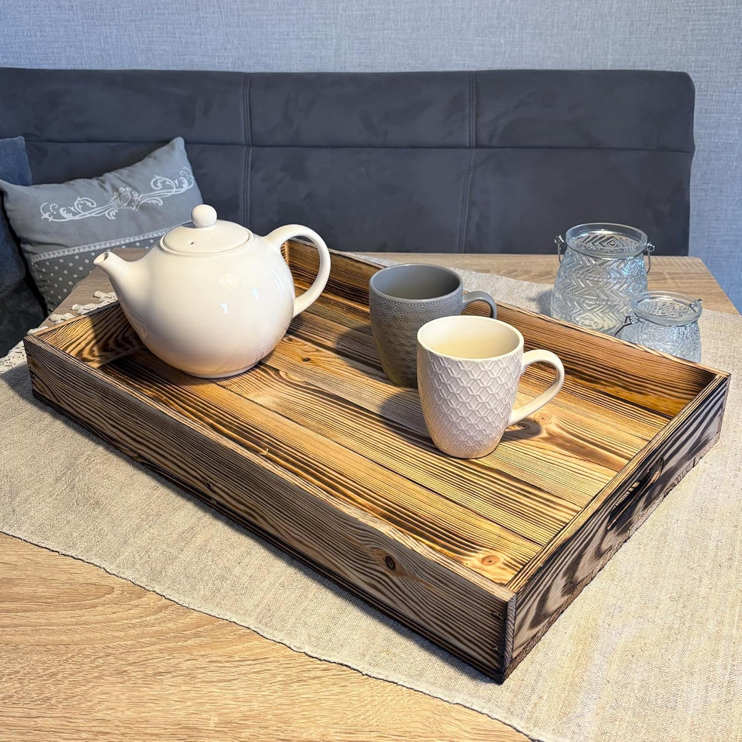 Serviertablett aus Holz 60x40x8cm Holztablett Frühstückstablett Dekotablett Tragetablett Präsentiert