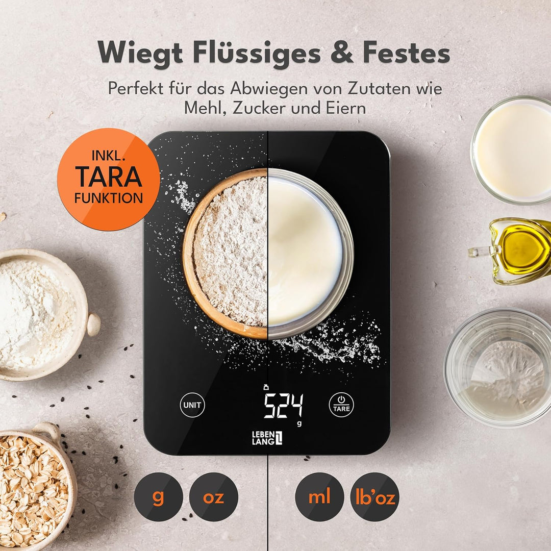 LEBENLANG Digitale Waage Küchenwaage Wasserdicht - USB Aufladbar & Inkl. Ladekabel I Bis 10 Kg I Waa