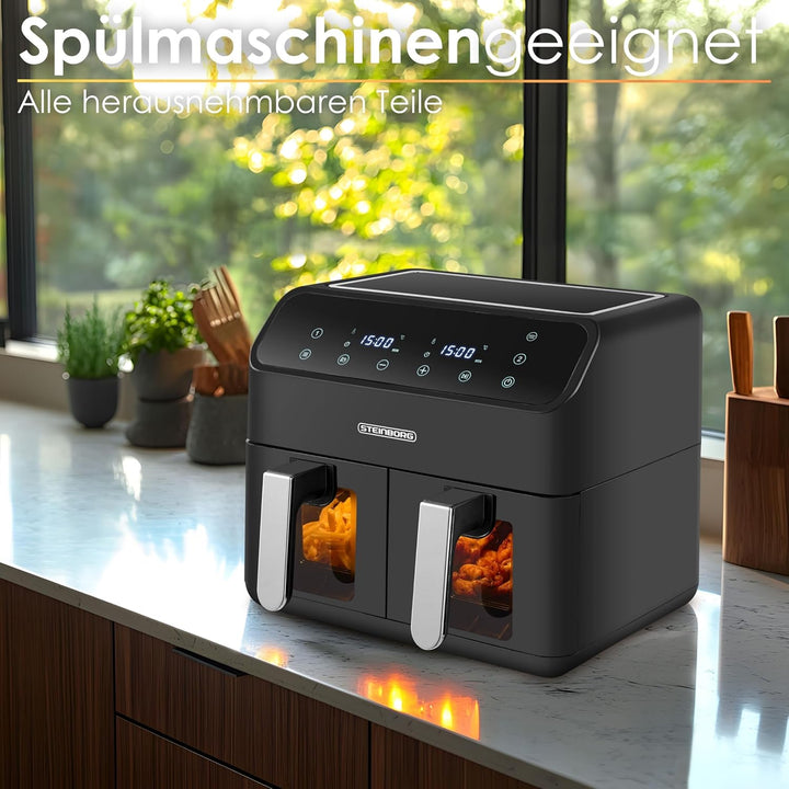 Heissluftfritteuse | 2 Kammern | Heissluftfritteuse | 4 in 1 Mini Backofen | Fritteuse | Dörrautomat