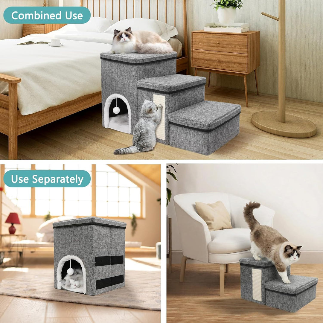 Newthinking Hundetreppe 3 Stufen mit Stauraum, rutschfeste &amp; Faltbare Treppe für kleine Hunde, älter