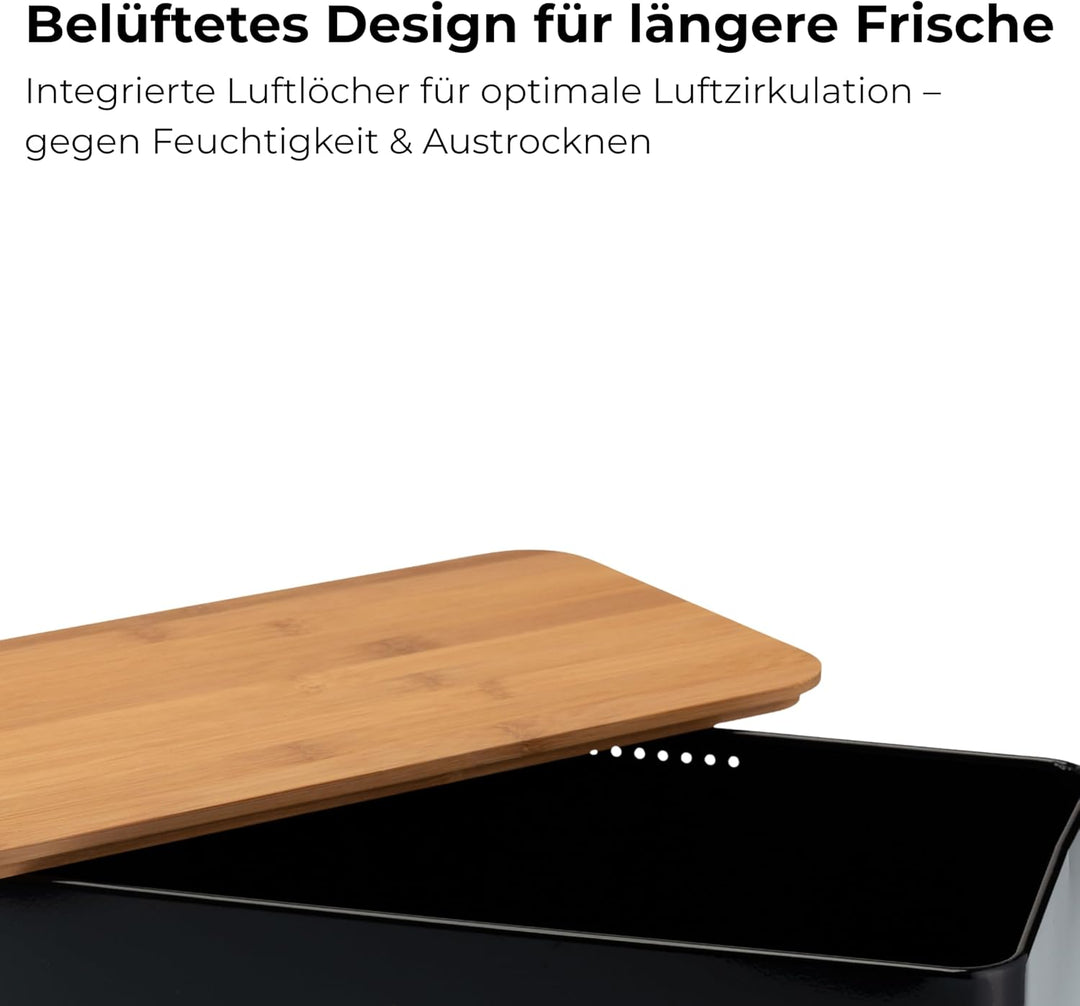 Brotkasten Metall Schwarz mit Bambusdeckel | 2-in-1 Brotbox &amp; Schneidebrett | Belüftete Brotaufbewah