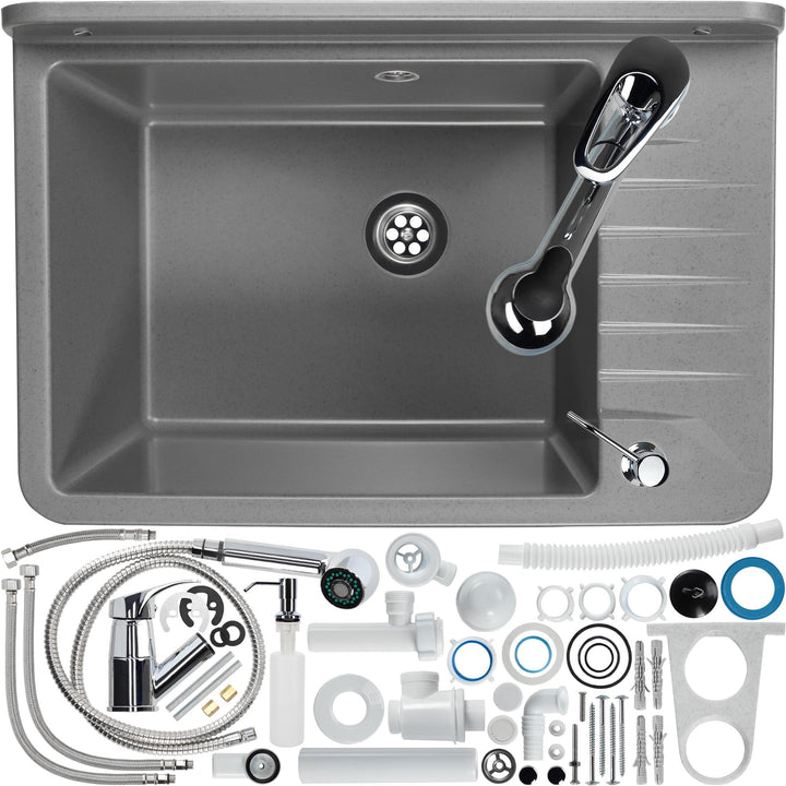 GOSPO Ausgussbecken aus Polypropylen, 50,5 x 34 x 26,5 cm, Spülbecken mit Armatur, Siphon, Seifenspe