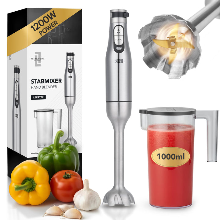 LEBENLANG Premium 1200W Stabmixer Edelstahl - Inkl. 1000ml Messbecher & Spritzschutz I Stufenlos ver