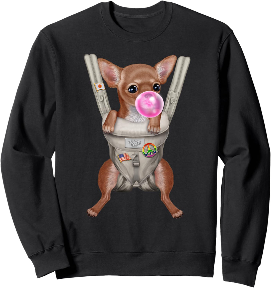 Brauner Chihuahua-Hund mit Kaugummi in der Babytrage Sweatshirt