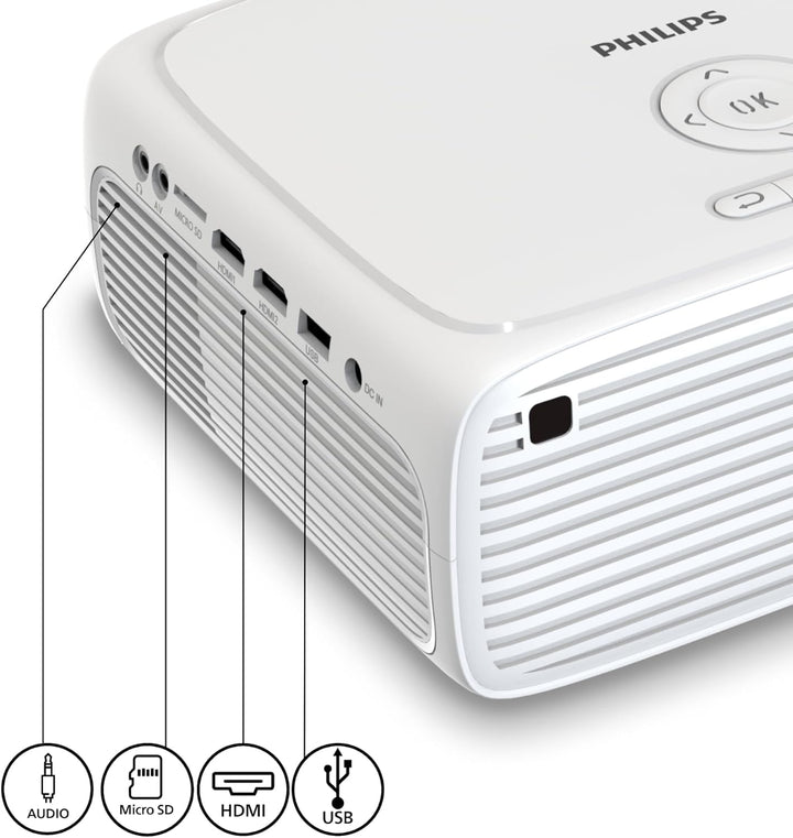 Philips NeoPix 200, Beamer Full HD 1080p, hoher Kontrast, mehrere Bildkorrekturen für eine flexible