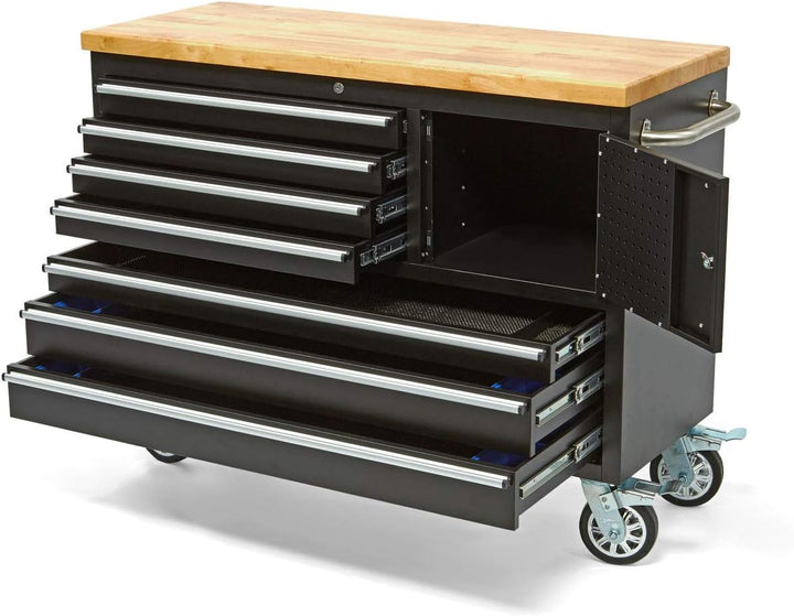 HBM Mobiler Werkzeugwagen mit Holzarbeitsplatte - 122 cm - Schwarz