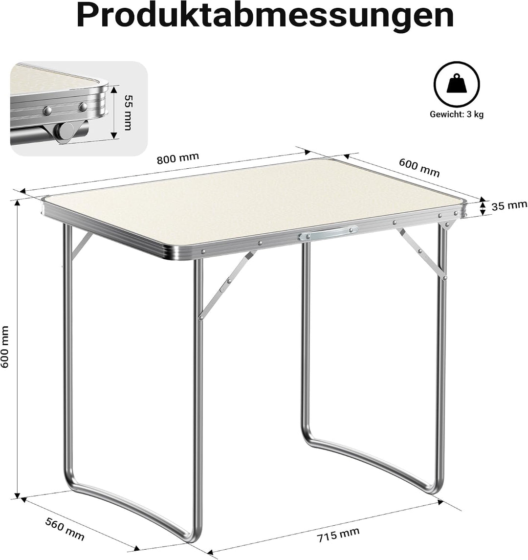 Wiltec Campingtisch klappbar 80x60cm mit weisser Tischplatte aus MDF und Aluminium Rahmen Klapptisch