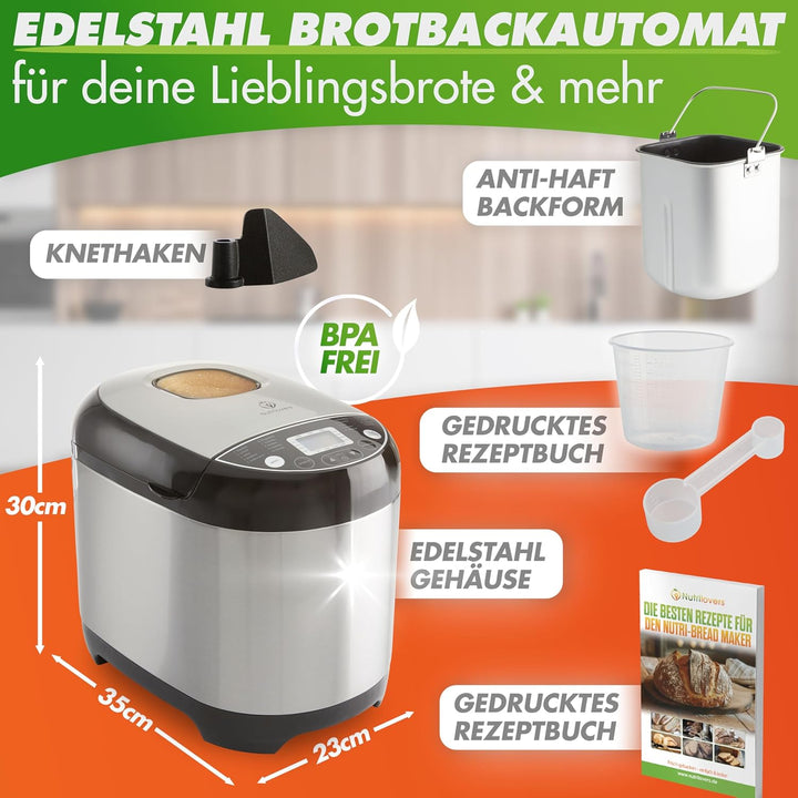 Nutrilovers NUTRI-BREAD-MAKER Edelstahl Brotbackautomat mit 19 Programmen, 3 Bräunungsstufen, Timer,