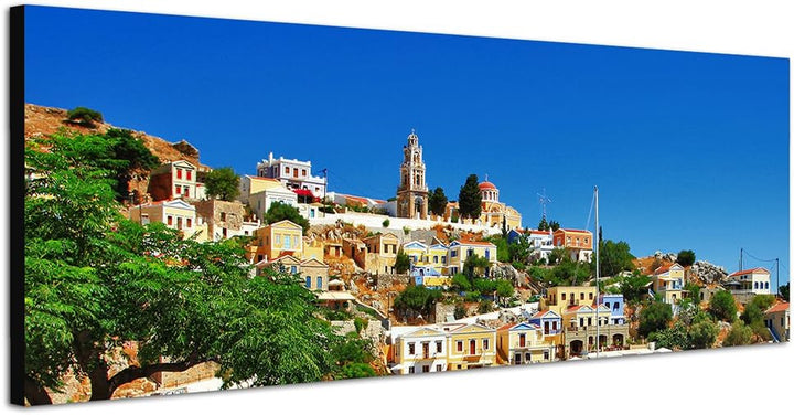 Paul Sinus Art Panoramabild auf Leinwand und Keilrahmen 150x50cm Griechenland Stadt Meer Boote Somme