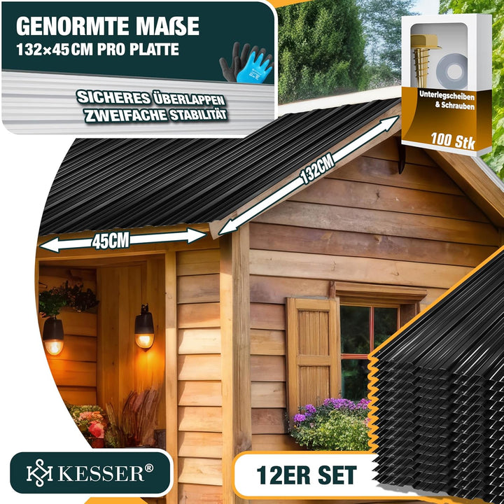 KESSER® 12 Stück Trapezblech Profilblech Set 129x45cm, 7 m² Dachblech verzinkter Stahl 0,25mm, Dachp