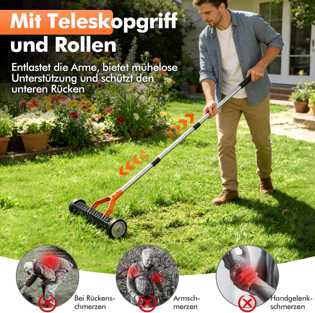 Vertikutierer Rechen mit Rädern,166cm Handvertikutierer,Manueller Vertikutierer mit Verstellbarer St