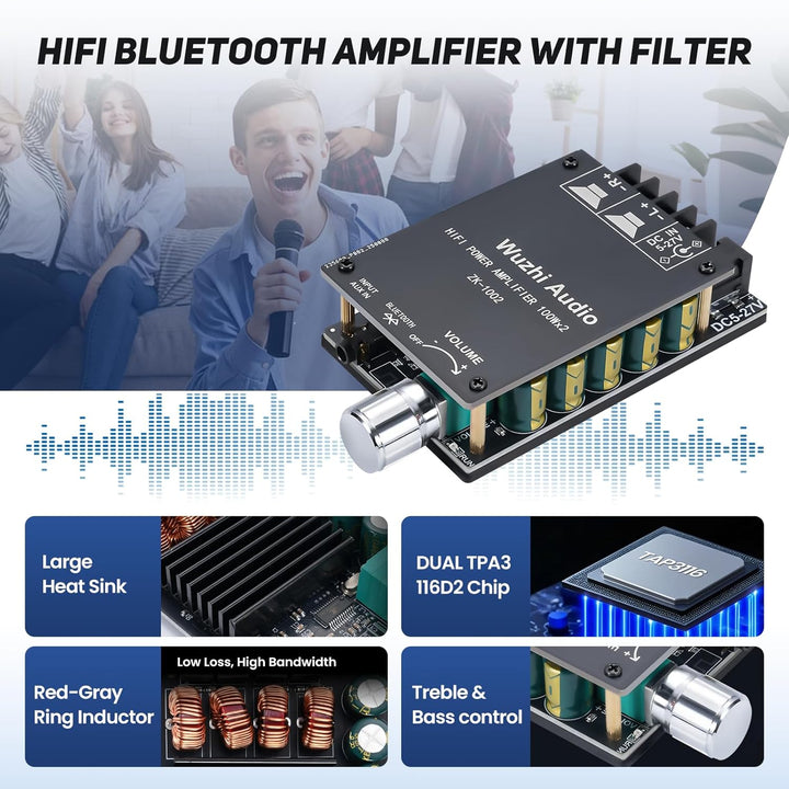 2x100W HiFi-Verstärker, Bluetooth 5.0 Audioverstärker Amp mit LC-Filter & TPA3116 Chip, Stereo Mini