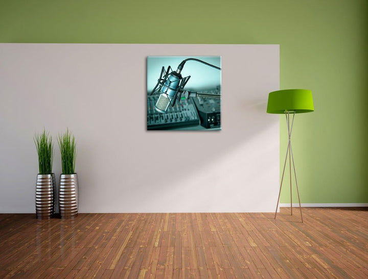 Mikrofon mit Musikanlagen, Format: 70x70 auf Leinwand, XXL riesige Bilder fertig gerahmt mit Keilrah