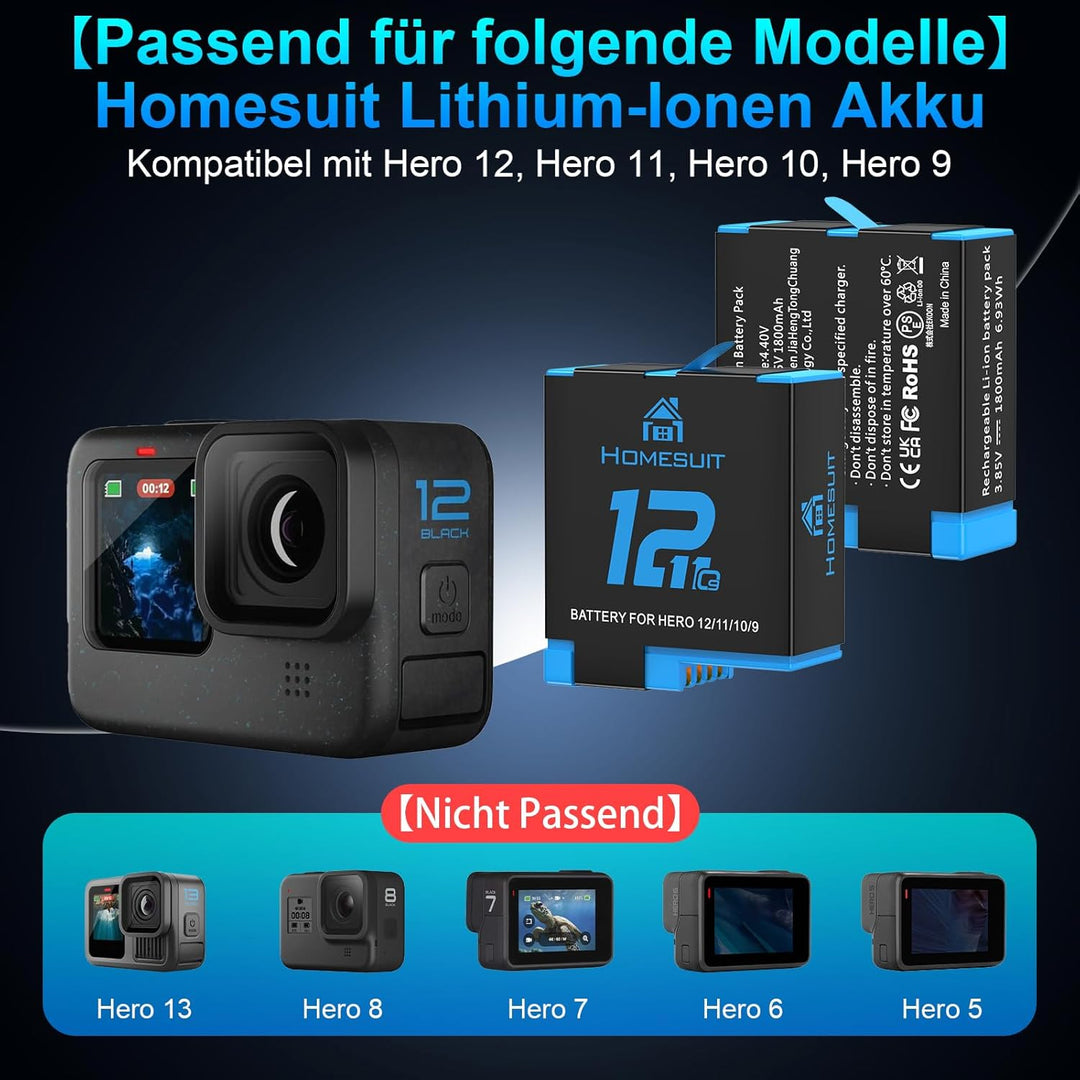 Homesuit Hero 12 11 10 9 Akku 1800mAh und 3-Kanal LED USB Ladegerät Kit mit Typ-C für GoproHero12Bla