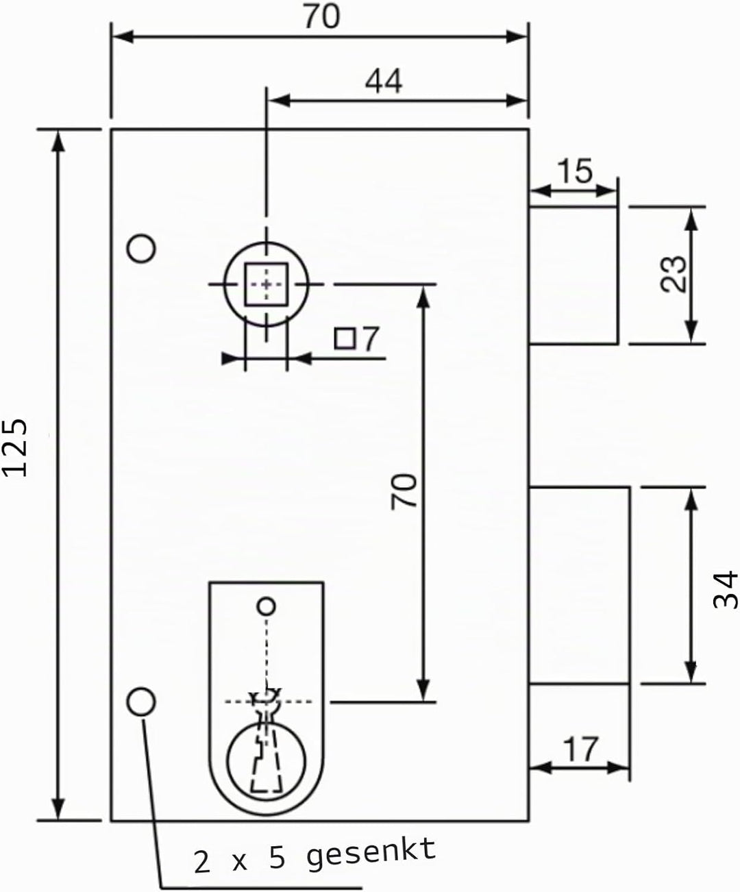 Yale Vertikales Türschloss mit Bolzen – Achse 44 mm, quadratisch 7 mm – Installation Tür rechts – id