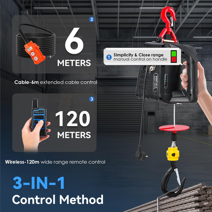 NEWTRY 3 in 1 Elektrische Seilwinde 1500W, 300KG tragbare Elektrohebezeug mit verbesserter Infrarot-