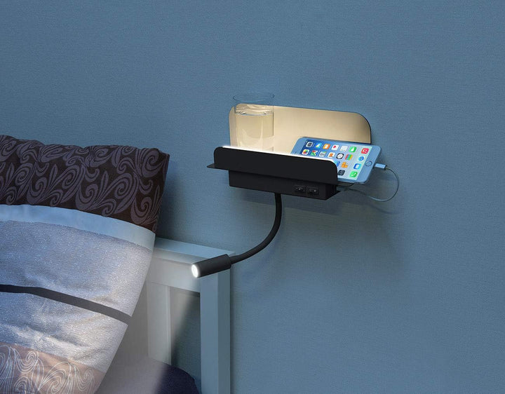 Carlo Milano Leselampe Bett: Wandregal mit Leselicht, Nachtlicht &amp; USB-Ladeport, 445 Lumen, schwarz