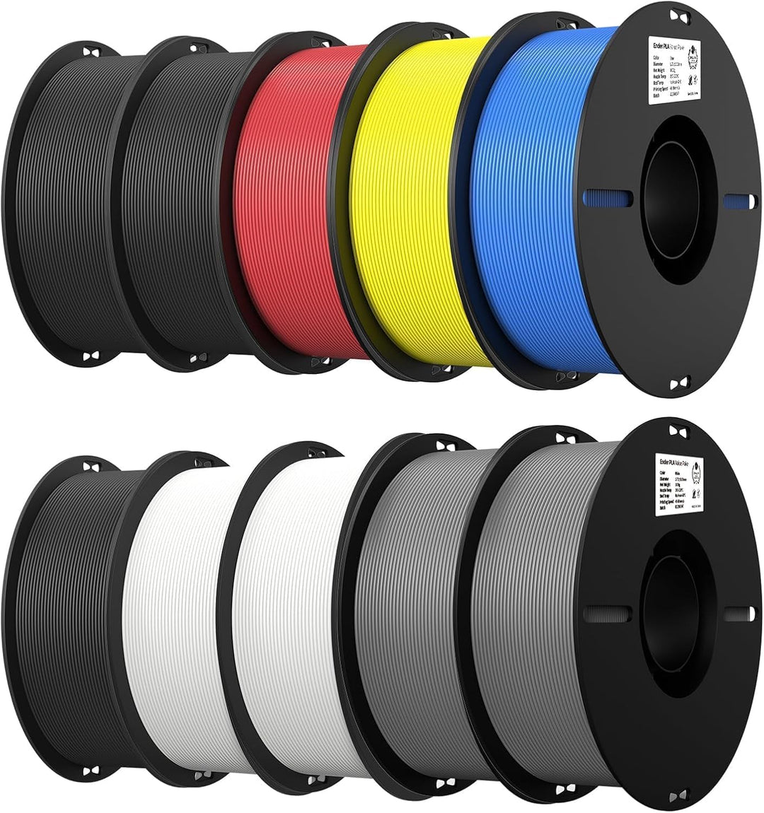 Creality Ender PLA Filament 10er-Pack 1,75mm, 3× Schwarz, 2× Weiss, 2× Grau, Blau, Rot, Gelb – Für 3