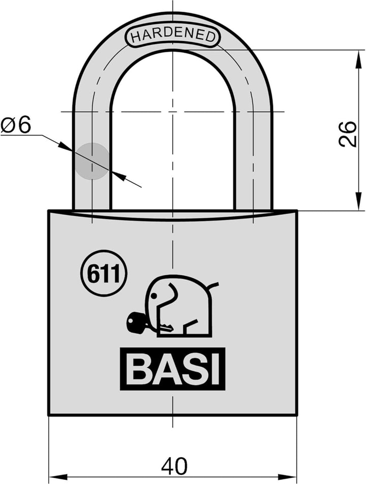 BASI | Vorhangschloss 6er Set | 40 mm | verschiedenschliessend | massives Messing-Gehäuse | gehärtet