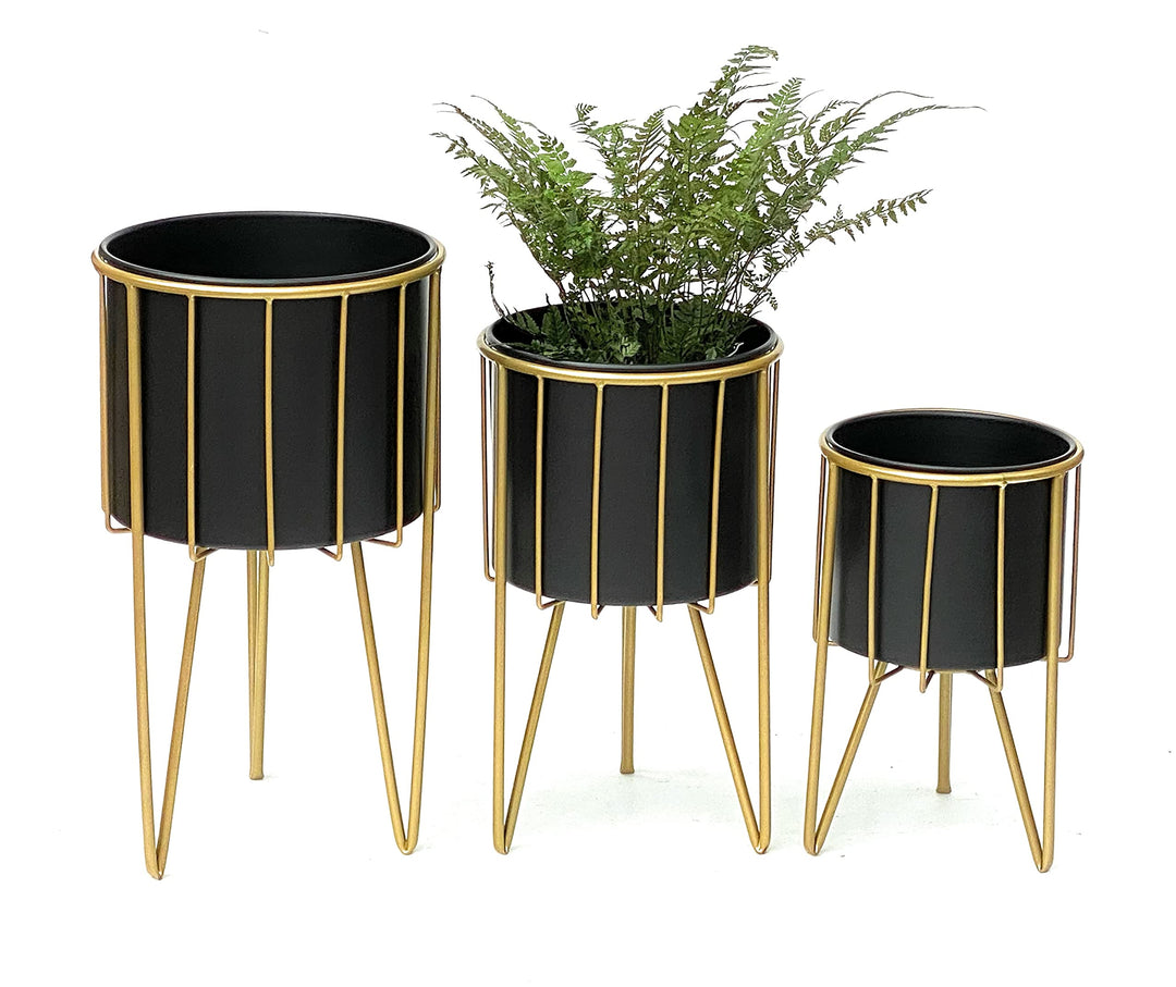 DanDiBo Blumenhocker mit Topf Metall Gold Schwarz Rund 3er Set Blumenständer 96039 Blumensäule Moder