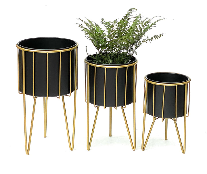 DanDiBo Blumenhocker mit Topf Metall Gold Schwarz Rund 3er Set Blumenständer 96039 Blumensäule Moder